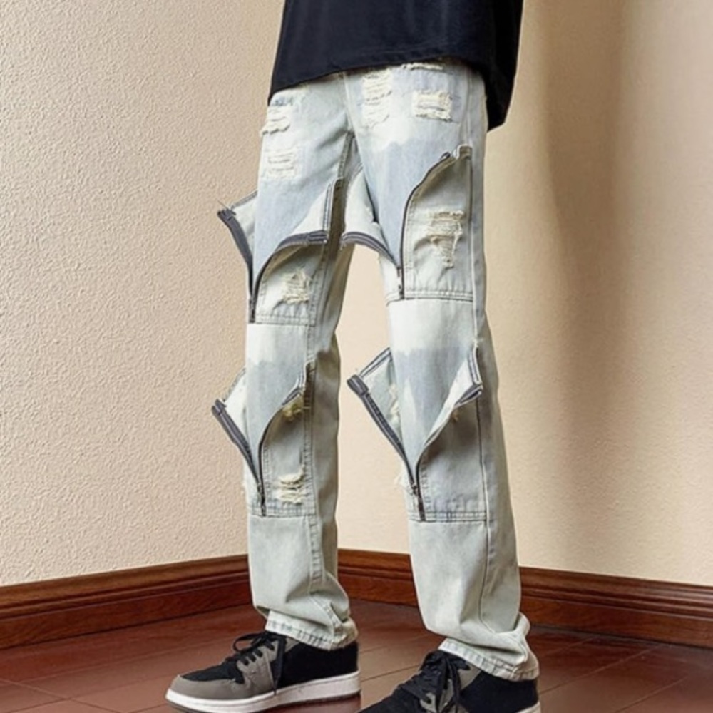 Mens D’andijieshen Faded Ripped Zipper Streetwear Jeans